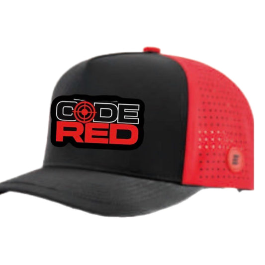 Black and red cap with 'CODE RED' logo on a white background
