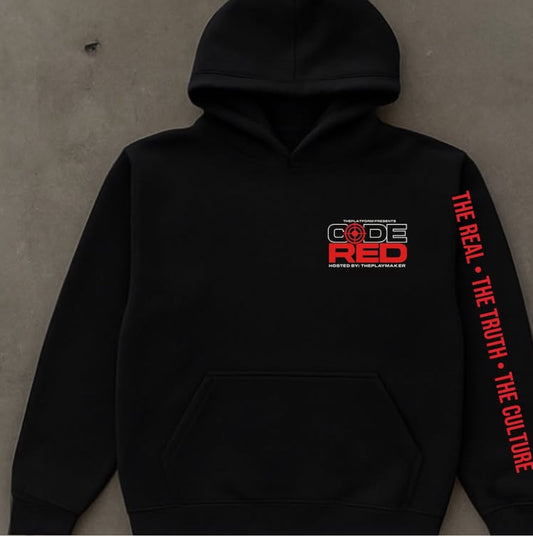 Black hoodie with red and white text on a gray background