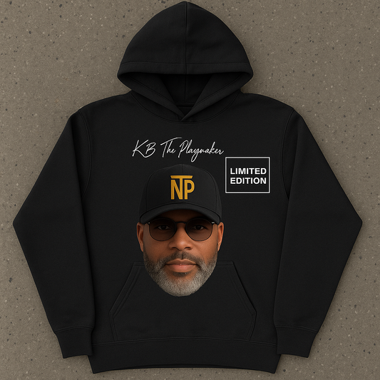 Black hoodie with a face graphic and text on a gray background